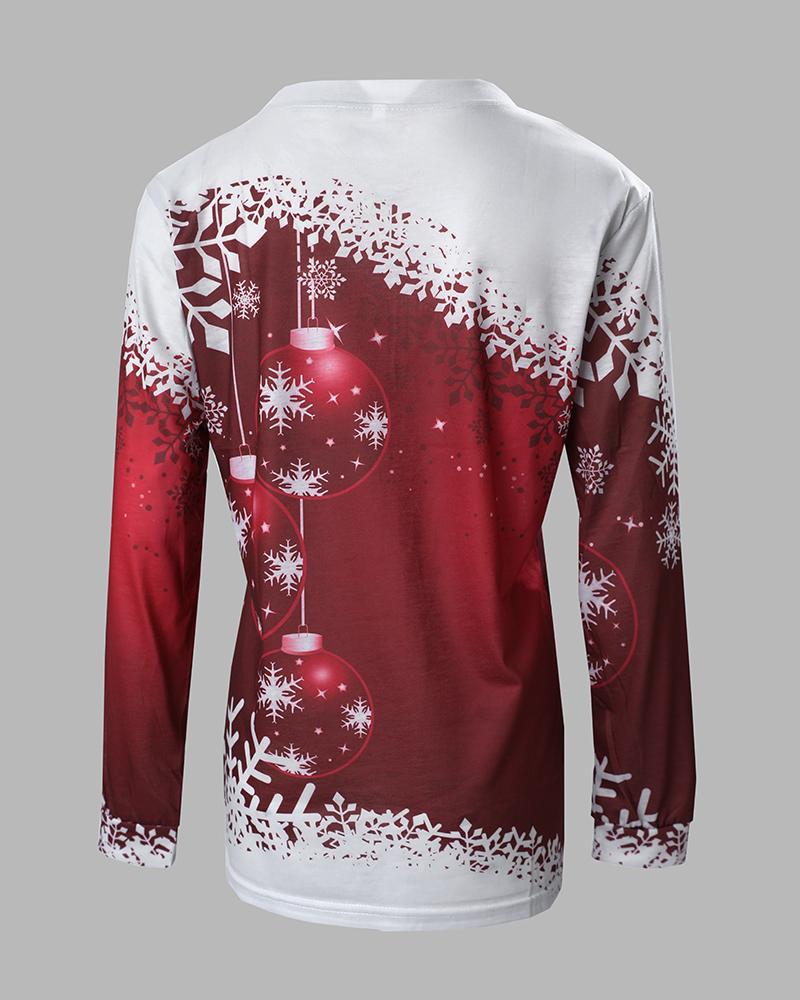 Christmas Snowflake Elk Print Long Sleeve Casual Top