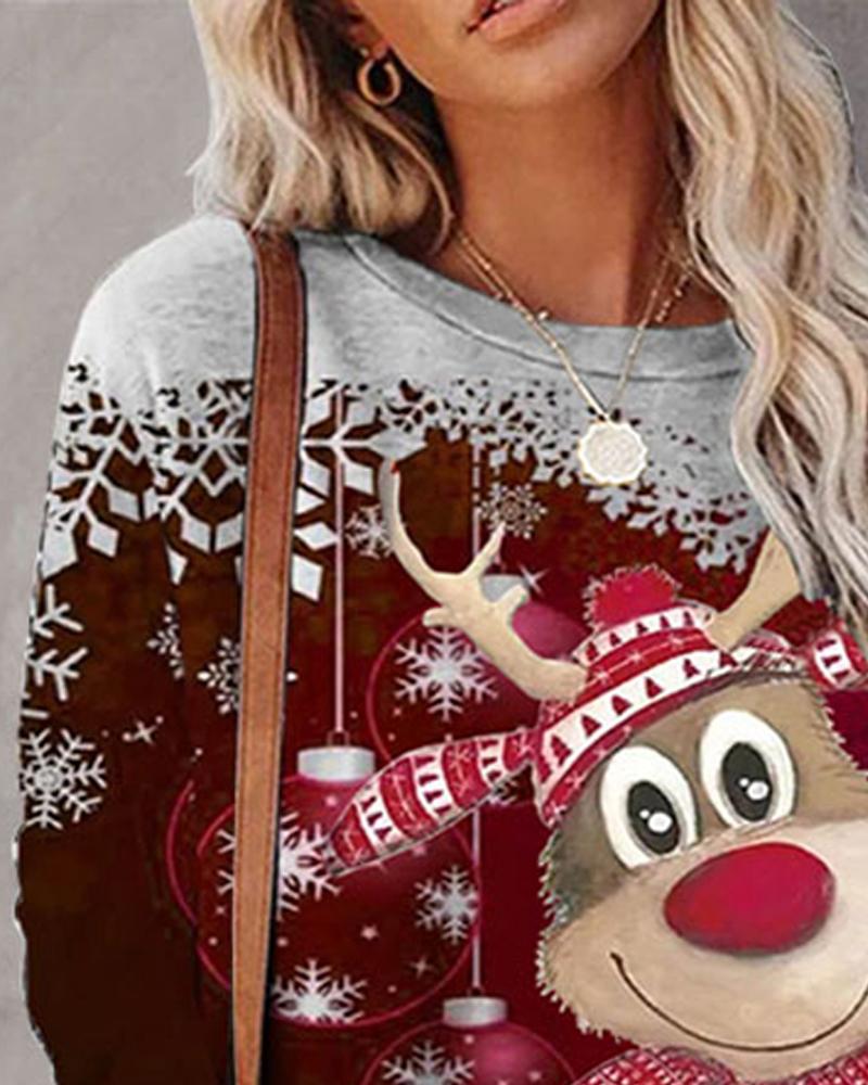 Christmas Snowflake Elk Print Long Sleeve Casual Top