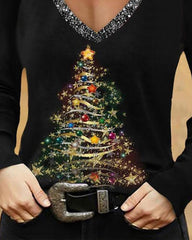 Christmas Tree Print Cold Shoulder Top