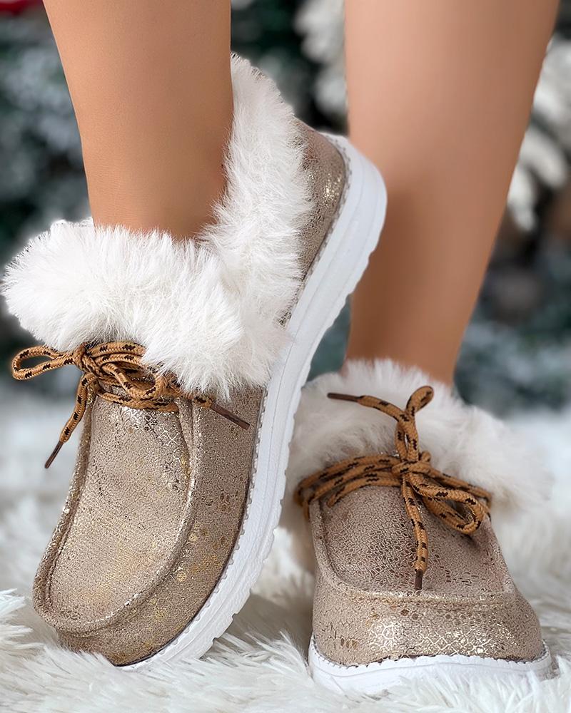 Christmas Metallic Fuzzy Detail Lined Ankle Boots