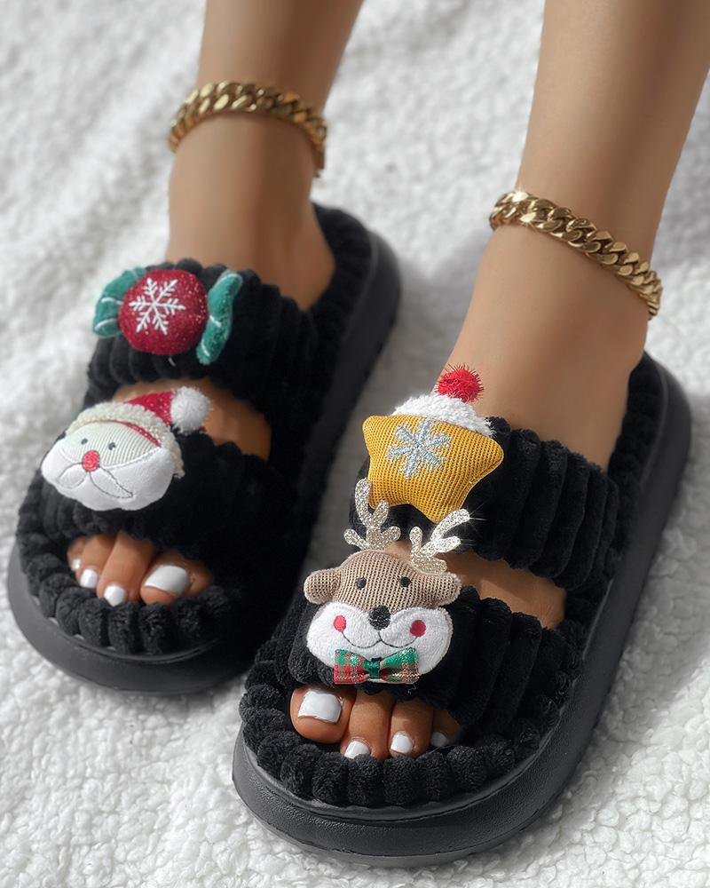 Christmas Cartoon Elk Santa Claus Pattern Fuzzy Winter Slippers