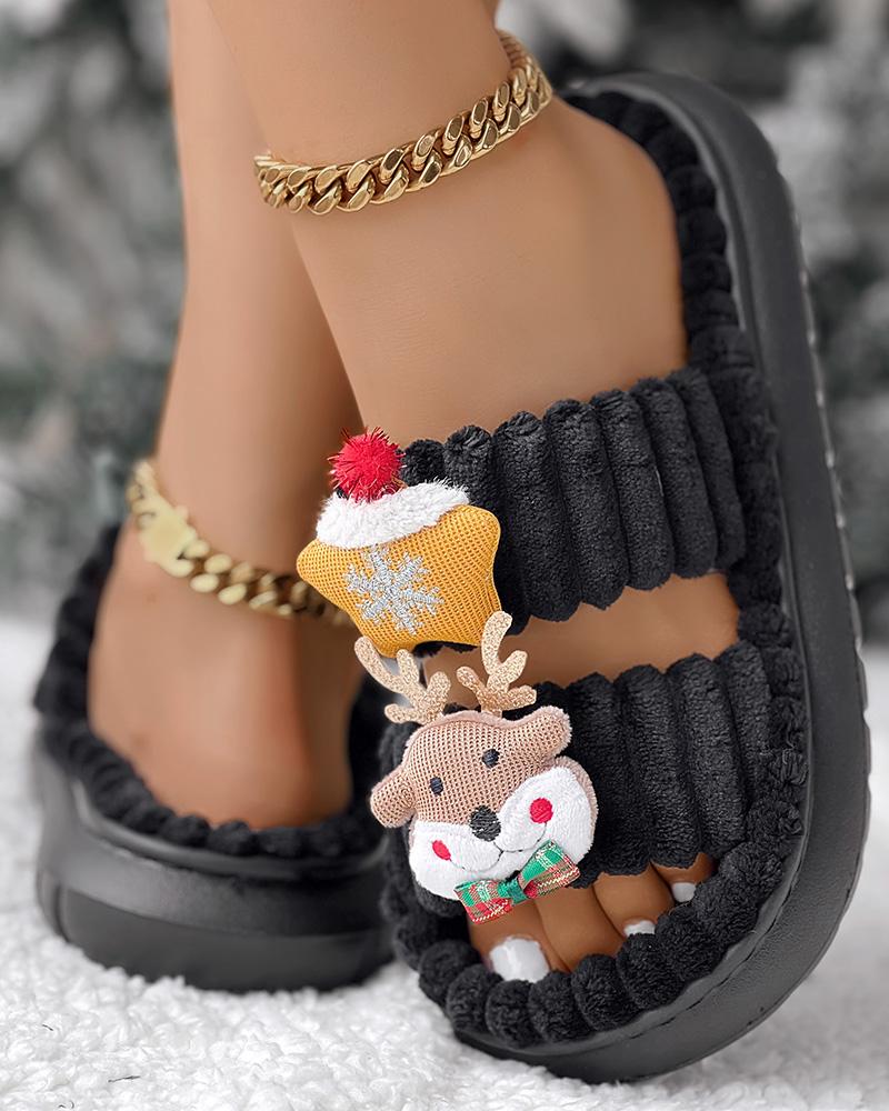 Christmas Cartoon Elk Santa Claus Pattern Fuzzy Winter Slippers