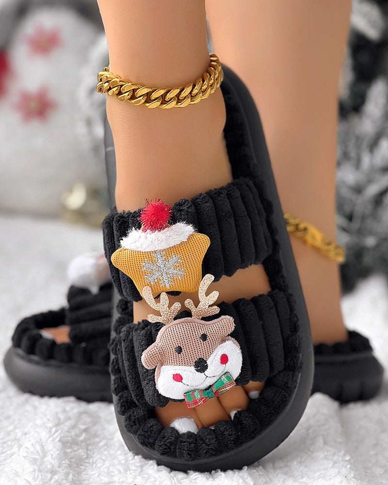 Christmas Cartoon Elk Santa Claus Pattern Fuzzy Winter Slippers