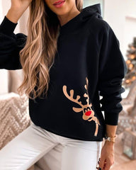 RECYCELTES Kapuzen-Sweatshirt mit Weihnachts-Elch-Print