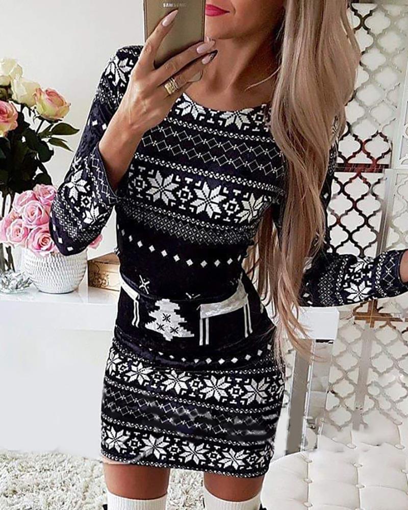 Vestido ajustado de manga larga con estampado navideño mixto