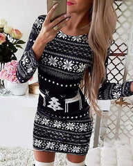 Christmas Mixed Print Long Sleeve Bodycon Dress