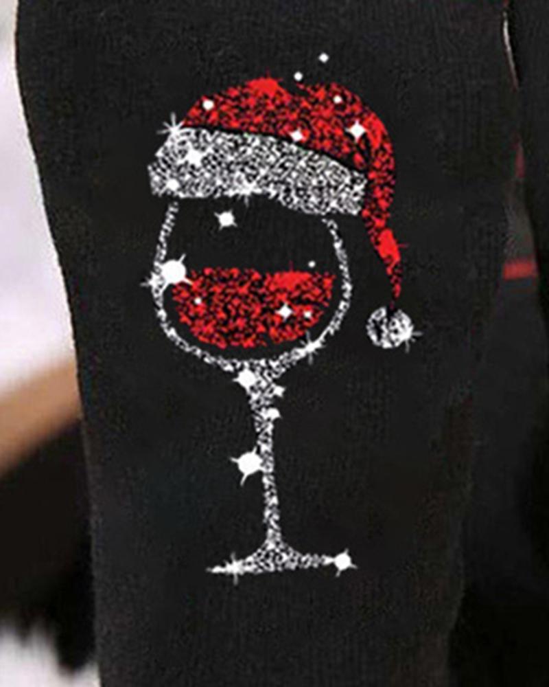 1Pair Christmas Wine Glass Print Colorblock Crew Socks