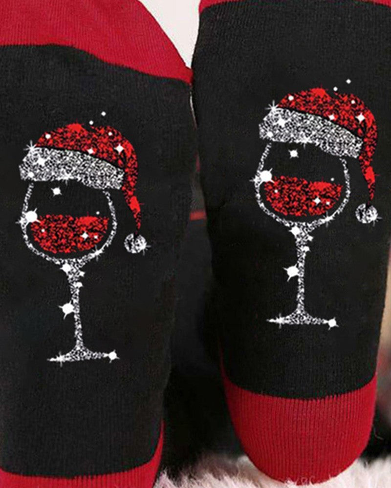 1 par de calcetines navideños con estampado de copas de vino y bloques de color