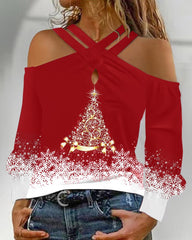 Christmas Tree Print Colorblock Criss Cross Top