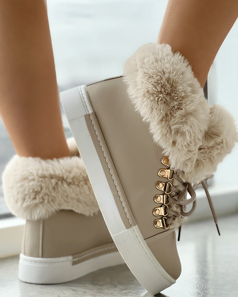 Lace up Fuzzy Detail Lined Ankle Boots