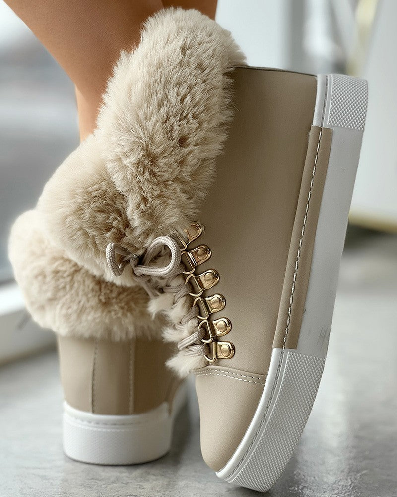 Lace up Fuzzy Detail Lined Ankle Boots