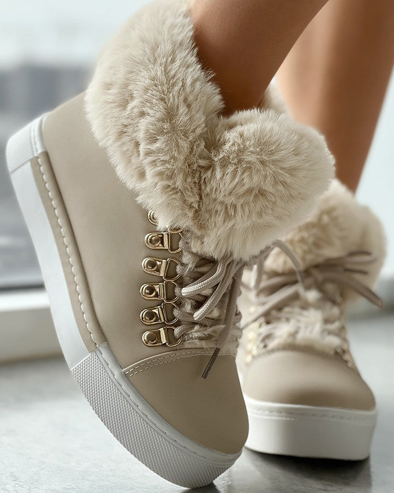 Lace up Fuzzy Detail Lined Ankle Boots