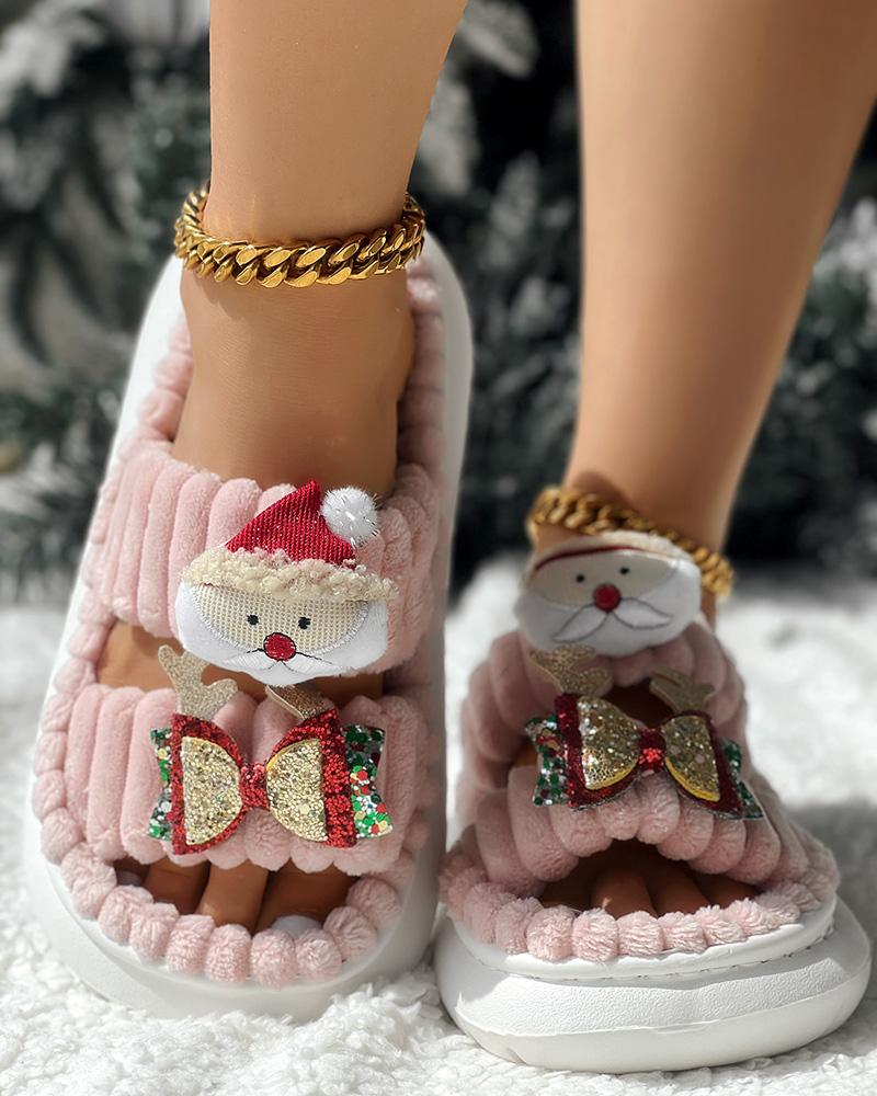 Christmas Cartoon Santa Claus Pattern Double Strap Fuzzy Winter Slippers