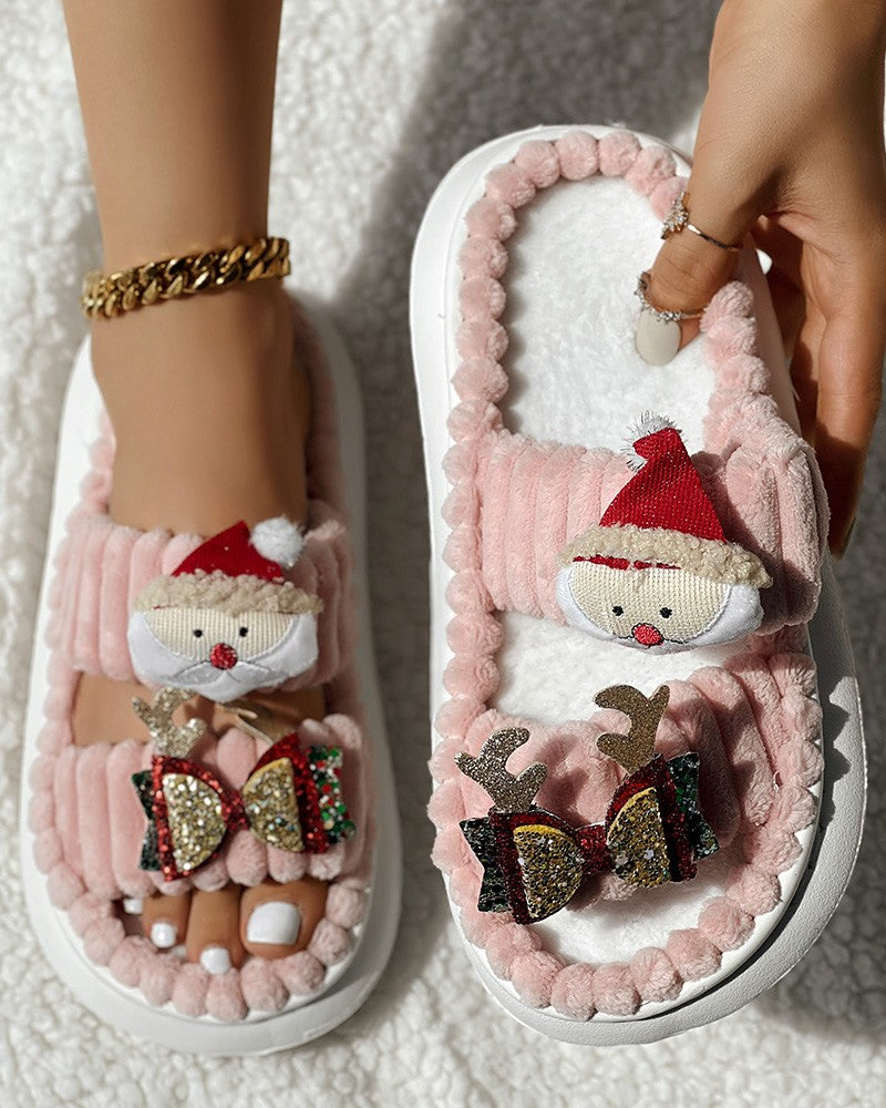 Christmas Cartoon Santa Claus Pattern Double Strap Fuzzy Winter Slippers