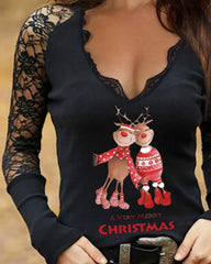 Christmas Letter Cartoon Elk Print Contrast Lace Top