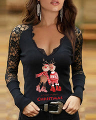 Christmas Letter Cartoon Elk Print Contrast Lace Top