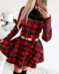 Eyelash Lace Plaid Long Sleeve Dress