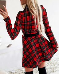 Eyelash Lace Plaid Long Sleeve Dress