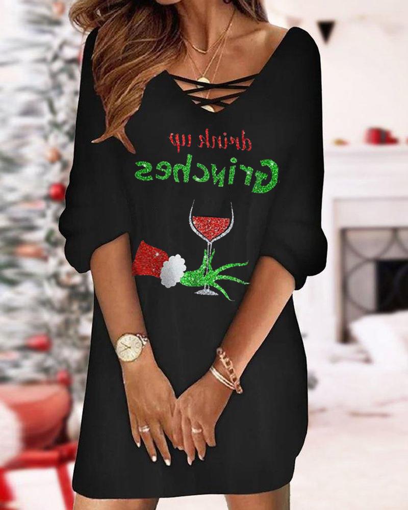 Christmas Graphic Wine Glass Print Casual Dress