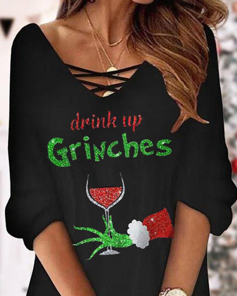 Christmas Graphic Wine Glass Print Casual Dress