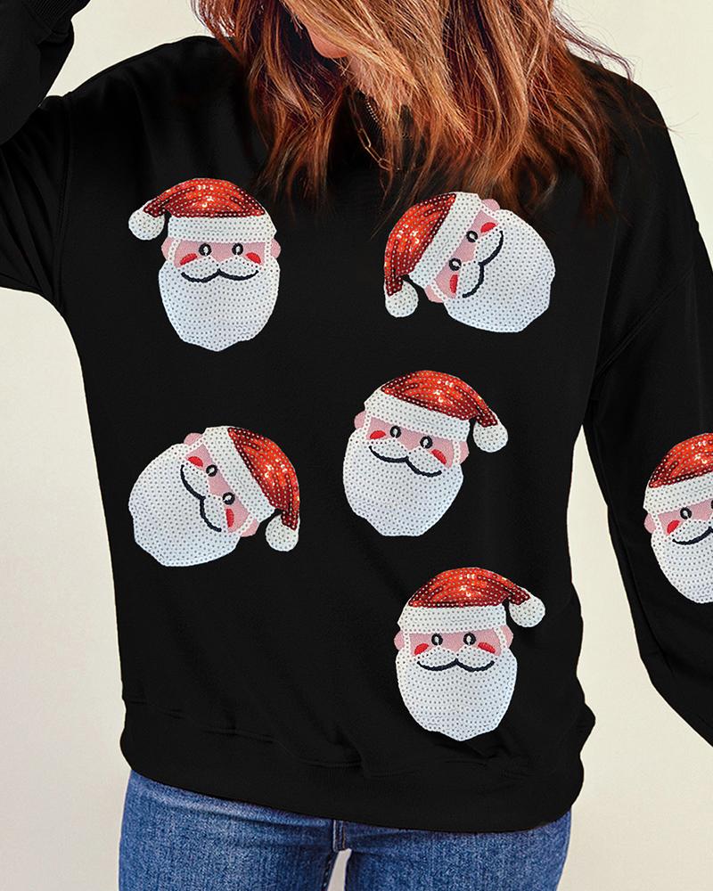 Christmas Santa Claus Pattern Contrast Sequin Sweatshirt