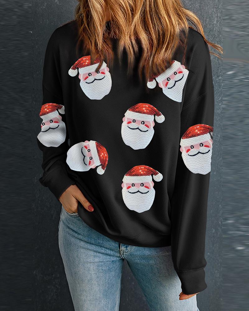 Christmas Santa Claus Pattern Contrast Sequin Sweatshirt