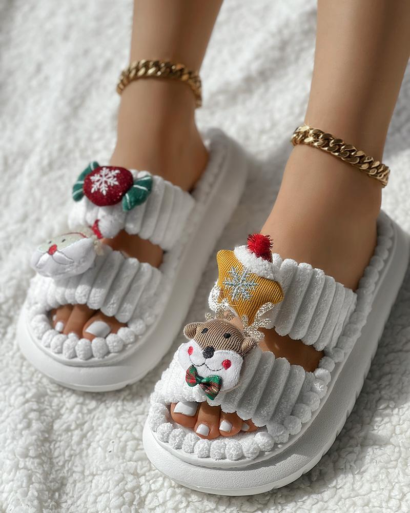 Christmas Cartoon Elk Santa Claus Pattern Fuzzy Winter Slippers