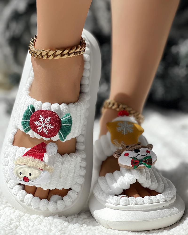 Christmas Cartoon Elk Santa Claus Pattern Fuzzy Winter Slippers