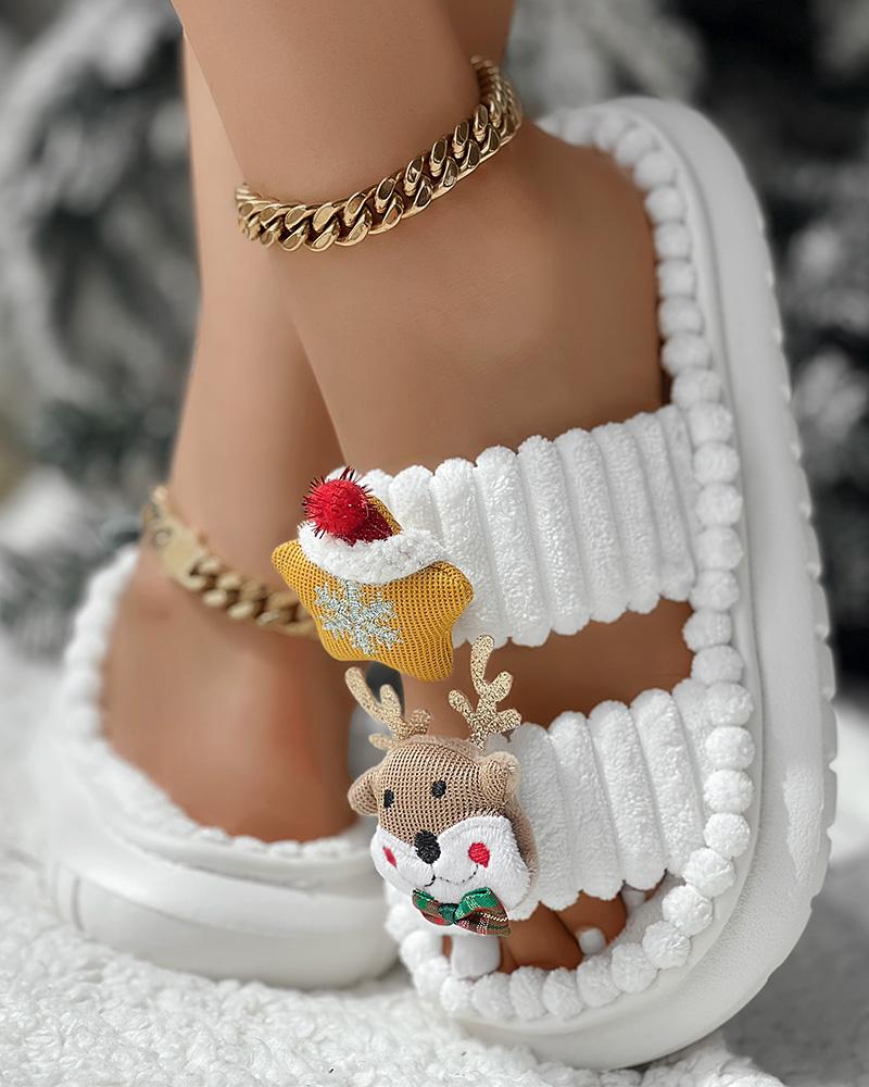 Christmas Cartoon Elk Santa Claus Pattern Fuzzy Winter Slippers