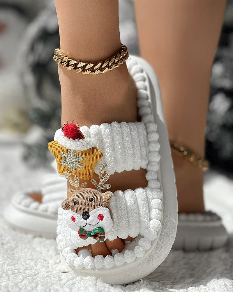 Christmas Cartoon Elk Santa Claus Pattern Fuzzy Winter Slippers