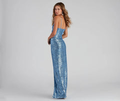 Spaghetti Straps Backless High Slit Slim Fit Sequin Gown - Blue