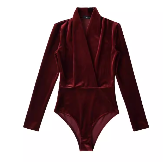 Bevie Velvet Long Sleeve Bodysuit - Wine