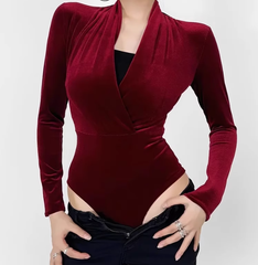 Bevie Velvet Long Sleeve Bodysuit - Wine