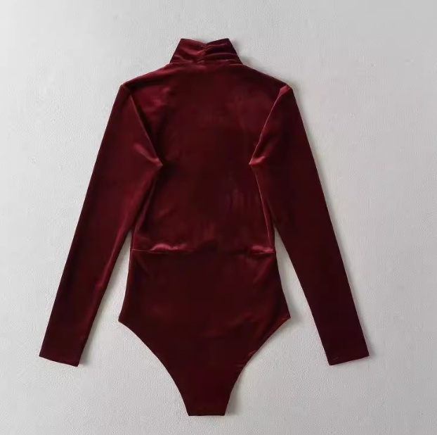 Bevie Velvet Long Sleeve Bodysuit - Wine