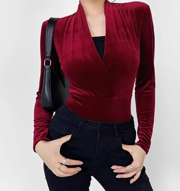 Bevie Velvet Long Sleeve Bodysuit - Wine