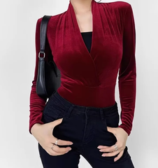 Bevie Velvet Long Sleeve Bodysuit - Wine