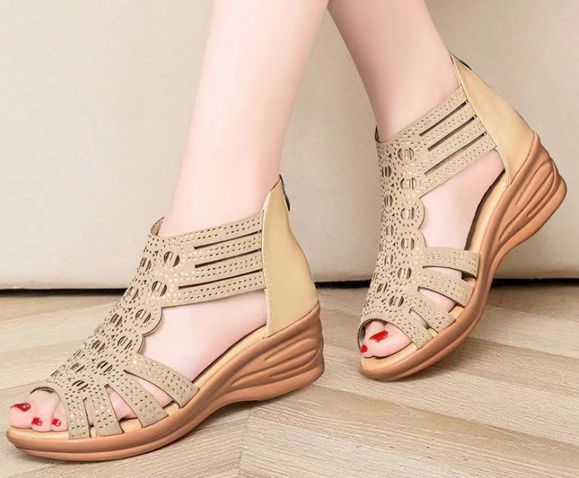 Studded Hollow Out Peep Toe Buckled Sandals