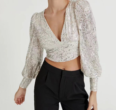 Brightest Sequin Twist Front Crop Blouse