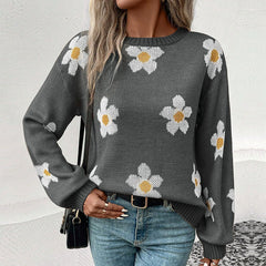Long-sleeve floral jacquard pullover sweater
