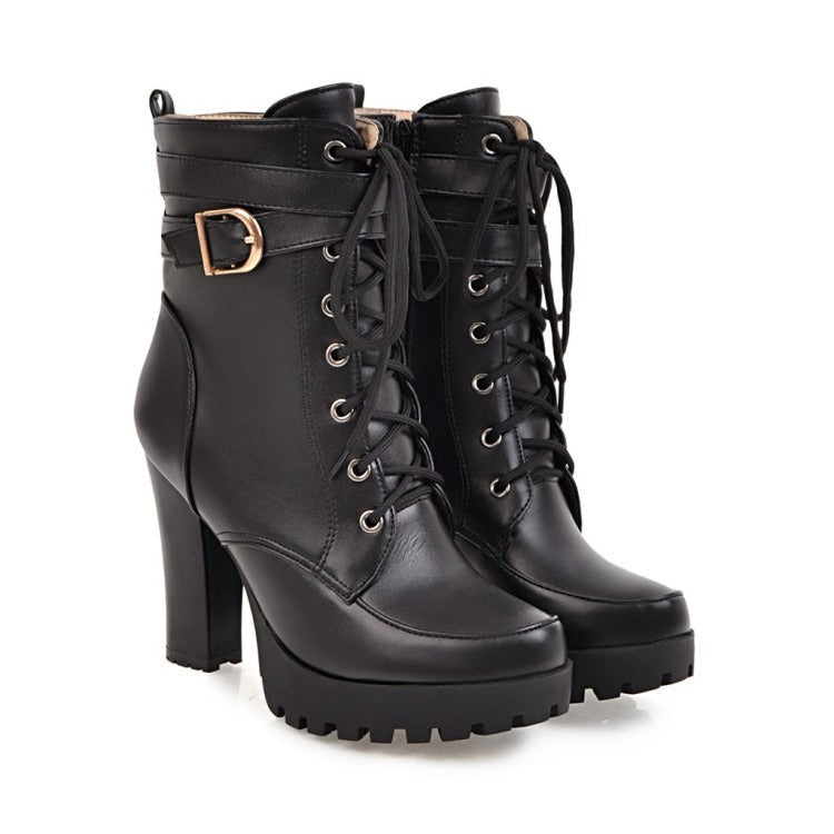 Buckle Lace-Up High Heel Low Boots