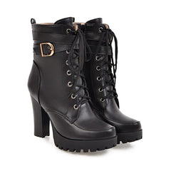 Buckle Lace-Up High Heel Low Boots