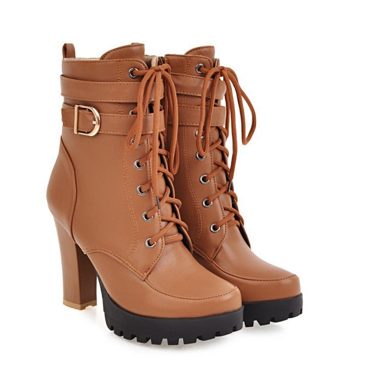 Buckle Lace-Up High Heel Low Boots