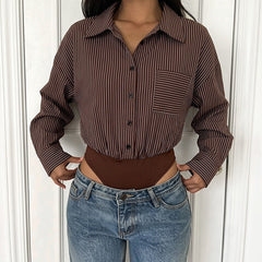 Collared striped long-sleeve shirt-style spliced bodysuit