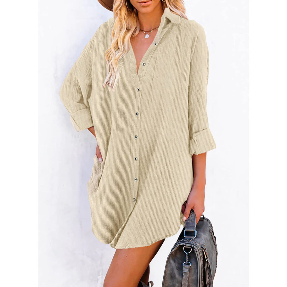 Brayden Corduroy Pocketed Button Down Tunic - Pine