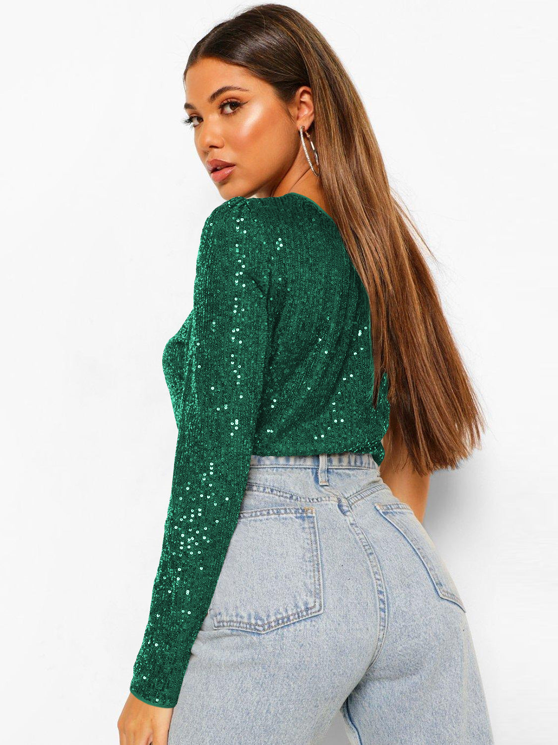 Janella Sequin Padded Shoulder Bodysuit - Green