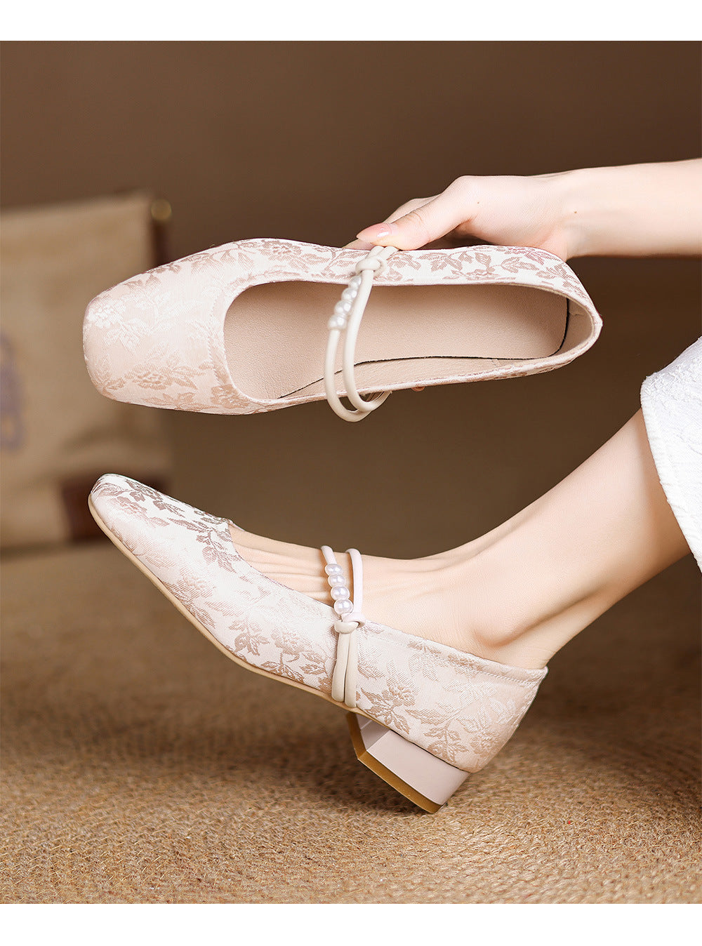 Square Floral Print Mid Block Heel Shoes