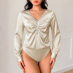 Sequined V-neck ruched satin bodysuit
