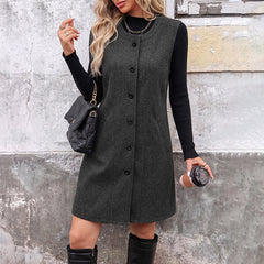 Solid-color long wool-blend sleeveless vest with a round neck
