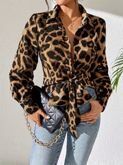 Blouses Leopard Print Bubble Long Sleeve Buttons Blouses