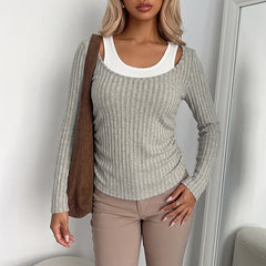 Faux-layered U-neck T-shirt with spliced design